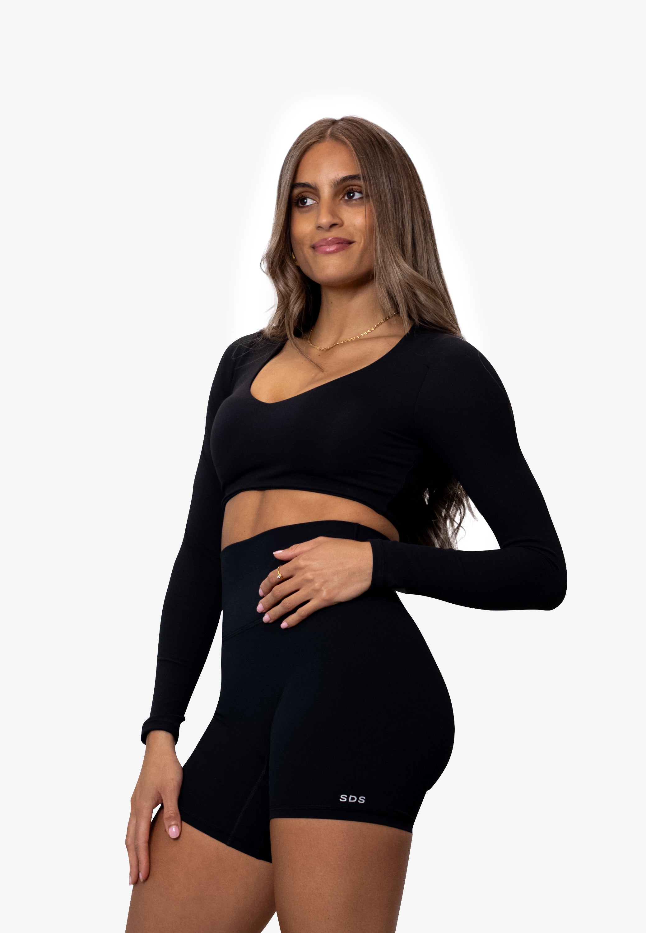 V Neck Long Sleeve Cropped - Black