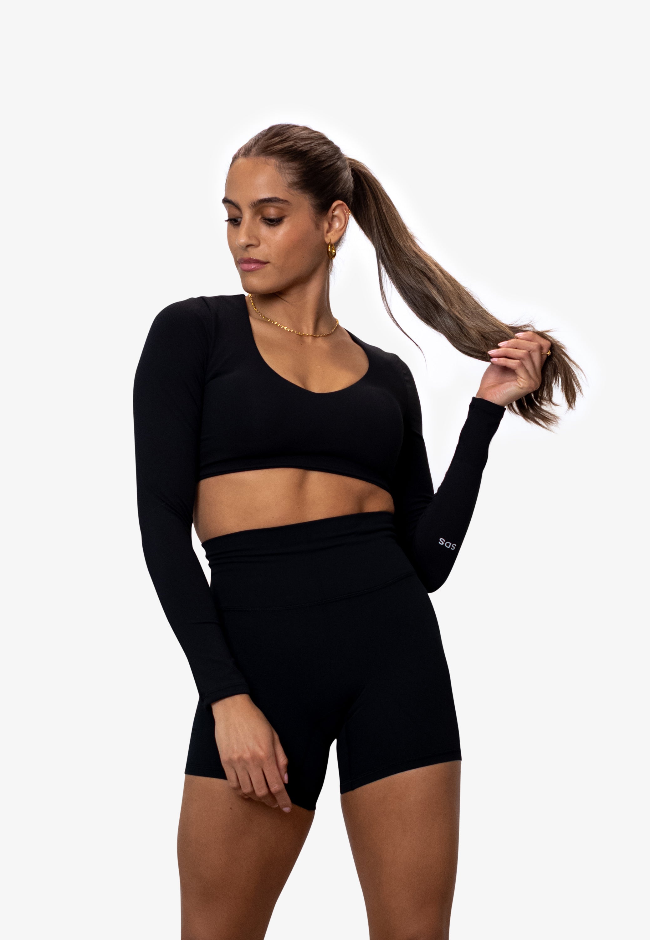 V Neck Long Sleeve Cropped - Black